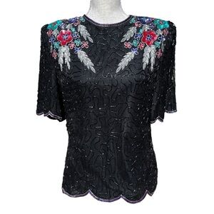 Laurence Kazar Vintage Beaded Sequin Silk Top Formal Evening Wear Small Floral